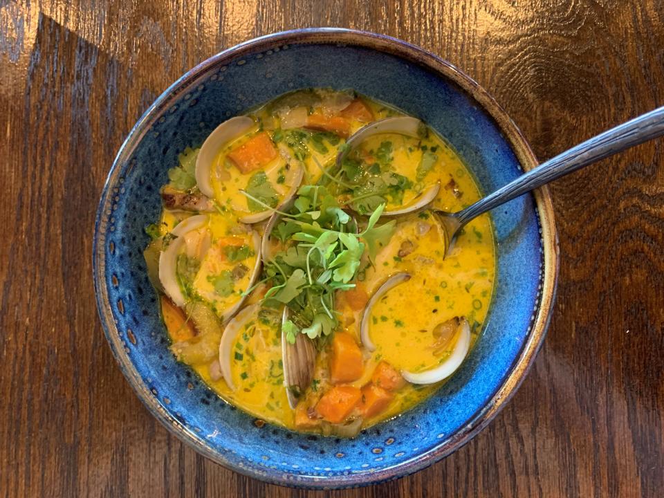 29 North Gastropub in Viera specializes in seasonal dishes such as this Sweet Potato Chowdah with littleneck clams, house-cured pork belly, sweet potato clam brodo, chive oil and micro greens, which was on a recent summer menu.
