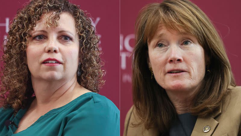 Pictured in this composite photo, Utah 2nd Congressional District Republican nominee Celeste Maloy, left, and Utah 2nd Congressional District Democratic nominee Kathleen Riebe, right, speak during a candidate forum at the University of Utah’s Hinckley Institute of Politics in Salt Lake City on Thursday, Nov. 16, 2023.