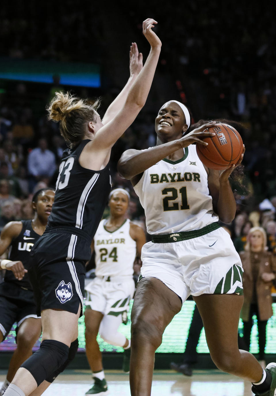 Baylor center Kalani Brown (21) goes to the basket as Connecticut's Katie Lou Samuelson defends during the second half of an NCAA college basketball game Thursday, Jan. 3, 2019, in Waco, Texas. Baylor won 68-57. (AP Photo/Ray Carlin)