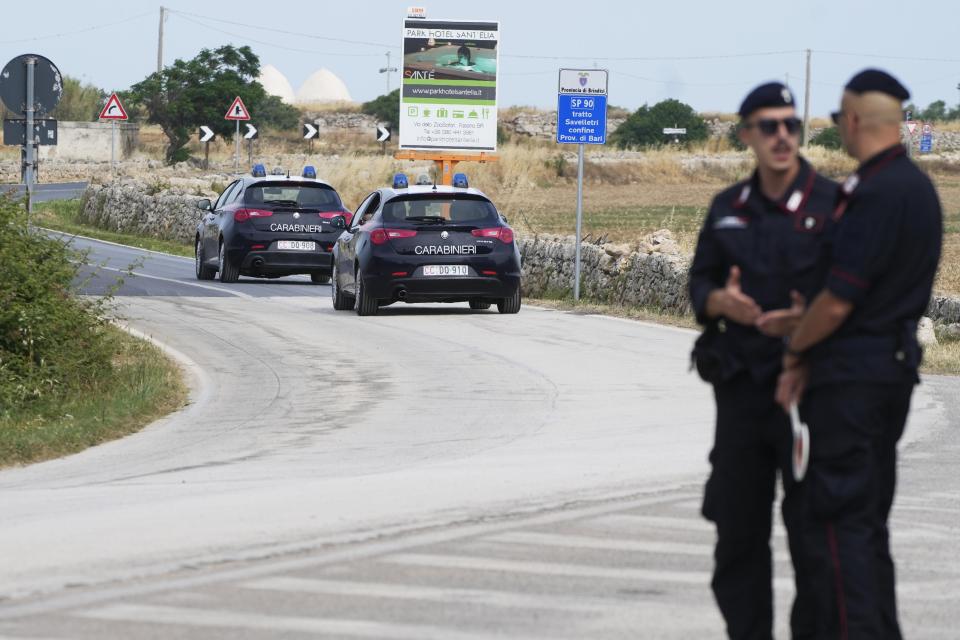 Italian Carabinieri, paramilitary policemen, patrol at a roadblock near Borgo Egnazia, venue of the G7 summit in southern Italy, Wednesday, June 12, 2024. A Group of Seven summit aiming to consolidate support for Ukraine opens Thursday under a vastly different political landscape than even a few days ago, after European Parliament elections jolted the leaders of France and Germany and emboldened Italian Premier Giorgia Meloni. (AP Photo/Gregorio Borgia)