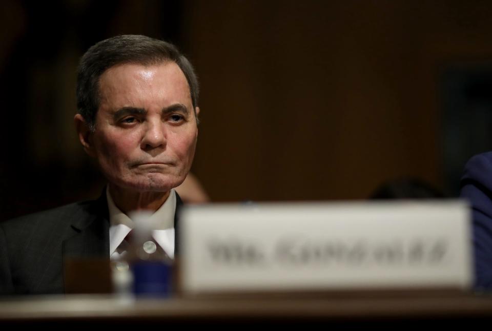 Gonzalez, seated and wearing a suit testifying before the Senate Finance Committee on "Drug Pricing in America: A Prescription for Change, Part II" February 26, 2019 in Washington, DC. The committee heard testimony from a panel of pharmaceutical company CEOs on the reasons for rising costs of prescription drugs.