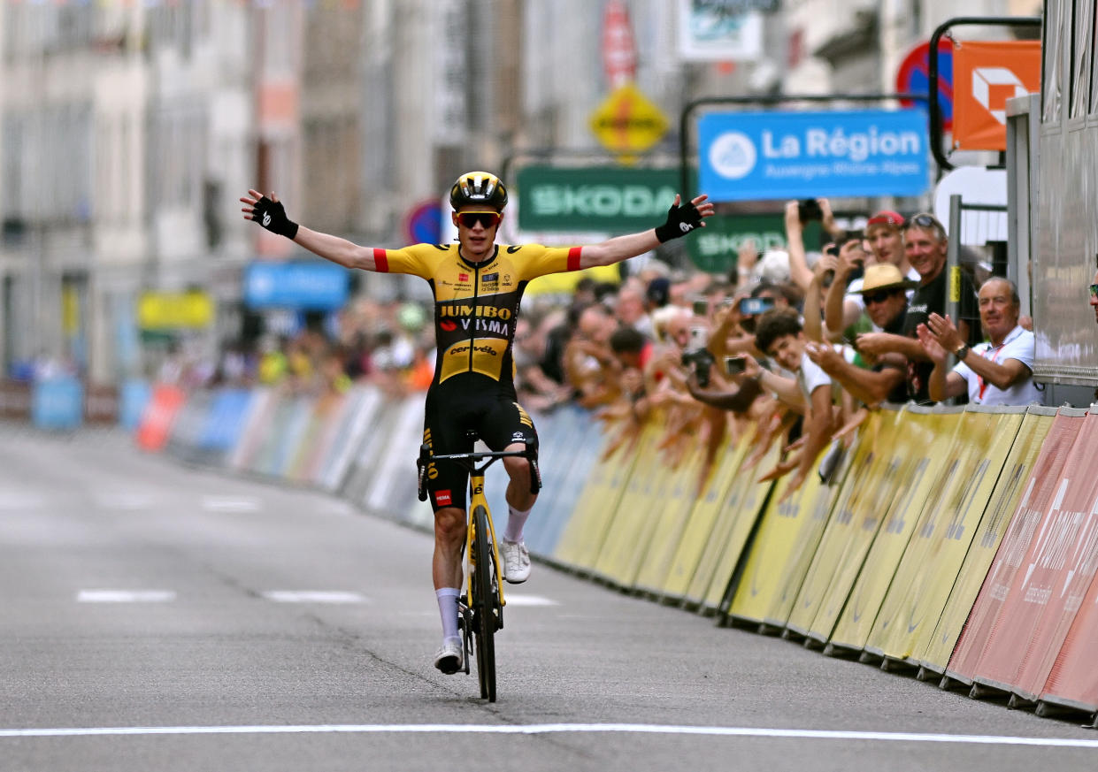  SALINS-LES-BAINS - JUNE 08: Jonas Vingegaard of Denmark and Team Jumbo-Visma celebrates at finish line as stage winner during the 75th Criterium du Dauphine 2023, Stage 5 a 191.1km stage from Cormoranche-sur-SaÃ´ne to Salins-les-Bains / #UCIWT / on June 08, 2023 in Salins-les-Bains, France. (Photo by Dario Belingheri/Getty Images) 