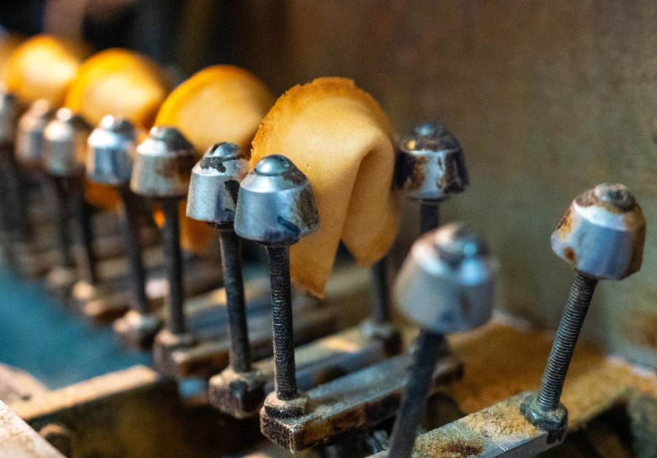 Fortune cookies make their way toward the end of the assembly line at New World Co. in April.