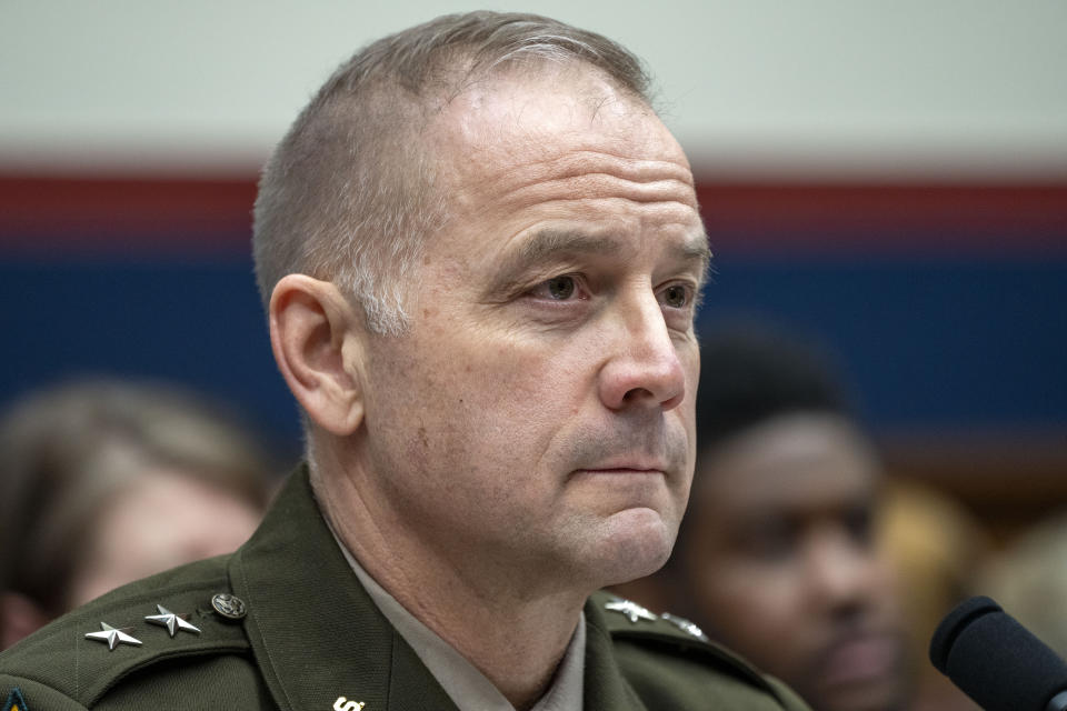 U.S. Army Major General William Graham, Deputy Commanding General, Civil and Emergency Operations, attends a House Committee on Transportation and Infrastructure hearing on the federal response to the Francis Scott Key Bridge collapse, Wednesday, May 15, 2024, on Capitol Hill in Washington. (AP Photo/Jacquelyn Martin)