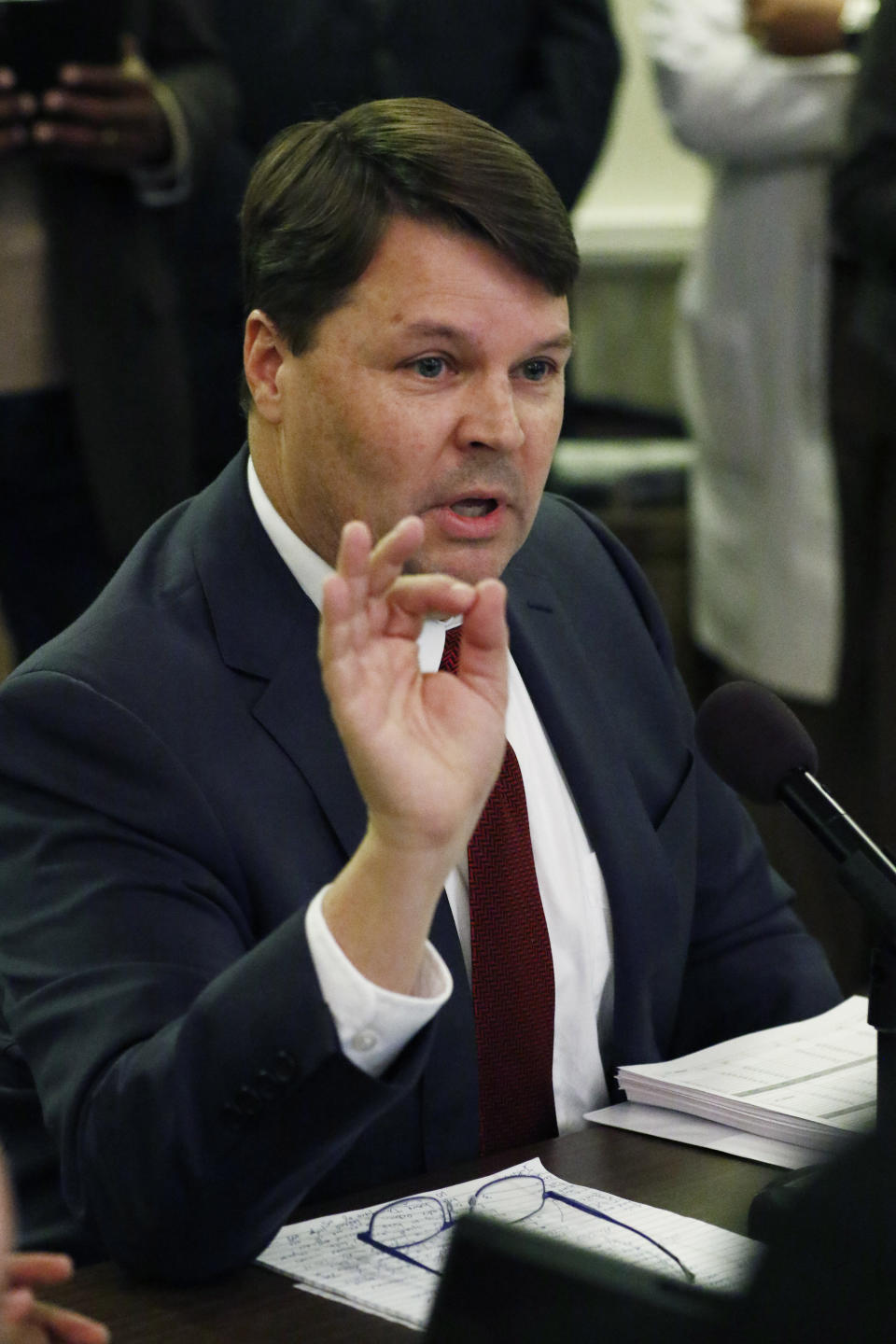 Cliff Johnson, director of the MacArthur Justice Center, speaks to lawmakers about current corrections issues at a joint hearing of the House Corrections and Judiciary B Committees, Thursday, Feb. 13, 2020 at the Capitol in Jackson, Miss. (AP Photo/Rogelio V. Solis)