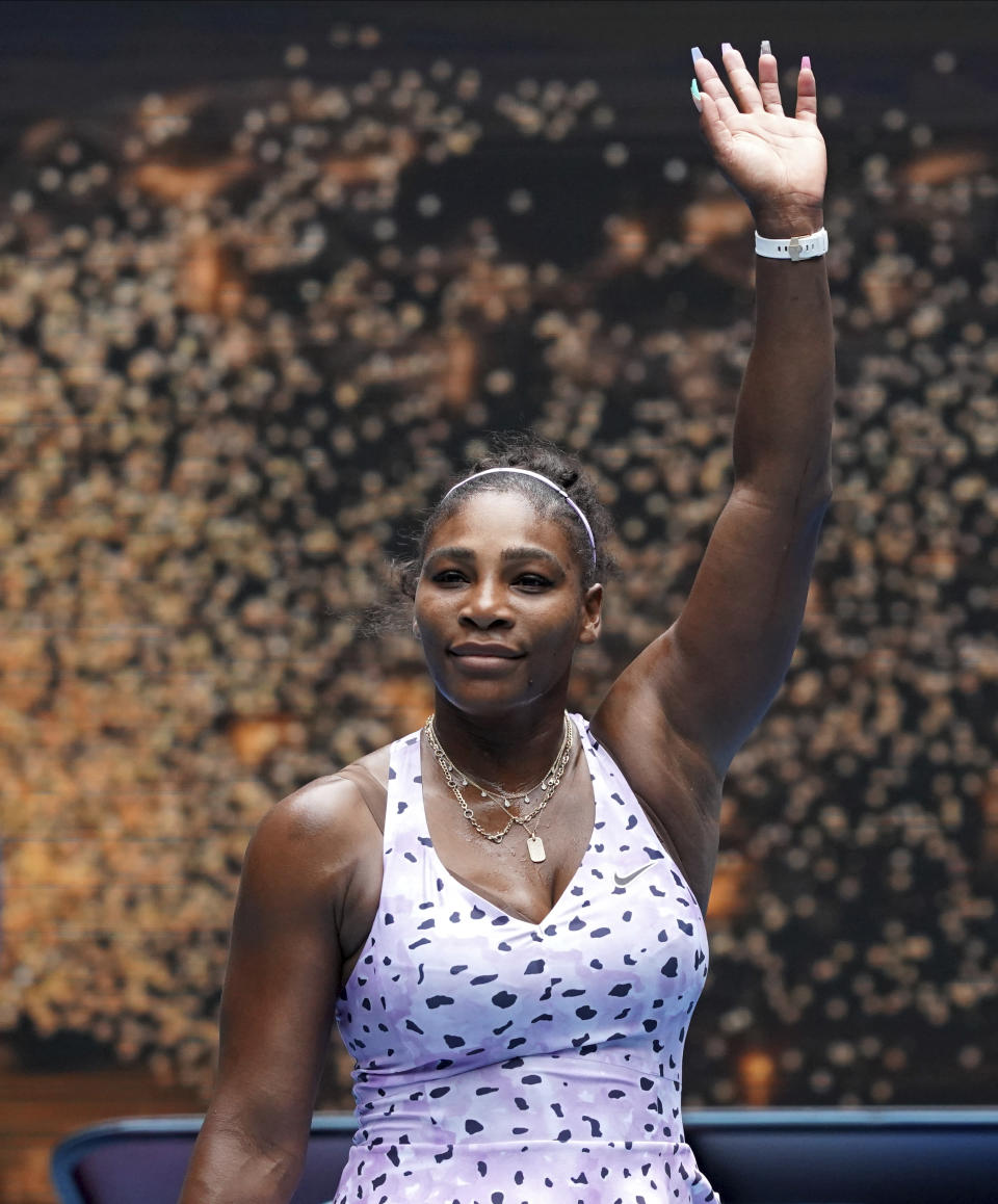 United States' Serena Williams celebrates after defeating Russia's Anastasia Potapova in their their first round singles match at the Australian Open tennis championship in Melbourne, Australia, Monday, Jan. 20, 2020. (AP Photo/Lee Jin-man)