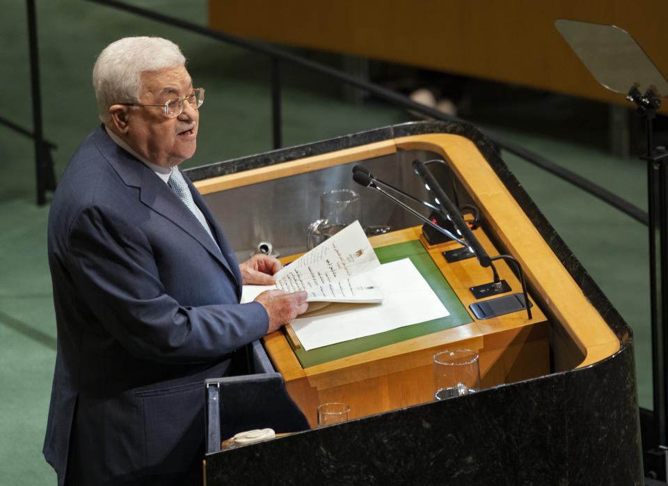 Palestinian President Mahmoud Abbas addresses the 73rd session of the United Nations General Assembly, at U.N. headquarters, Thursday, Sept. 27, 2018. (AP Photo/Craig Ruttle)