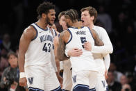 Villanova guard Justin Moore celebrates with his teammates after Villanova defeated DePaul in an NCAA college basketball game in the first round of the Big East Conference tournament, Wednesday, March 13, 2024, in New York. (AP Photo/Mary Altaffer)