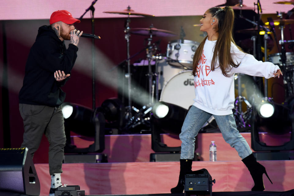 Mac Miller and Ariana Grande perform onstage on June 4, 2017, in Manchester, England, for the&nbsp;'One Love Manchester' benefit concert. (Photo: Getty Images via Getty Images)
