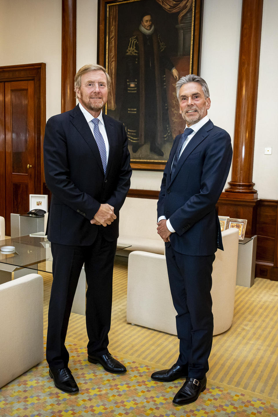 Dutch King Willem-Alexander meets with incoming Prime Minister Dick Schoof, right, in The Hague, Netherlands, Monday, July 1, 2024. (Patrick van Katwijk/Pool Photo via AP)