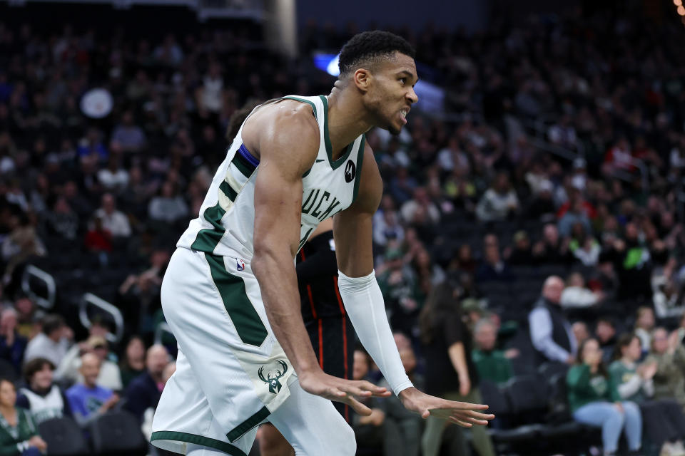 Giannis Antetokounmpo reacts to a dunk against the Detroit Pistons at Fiserv Forum in Milwaukee on Nov. 8, 2023. He received a second technical foul and was ejected from the game for taunting. (Photo by Stacy Revere/Getty Images)