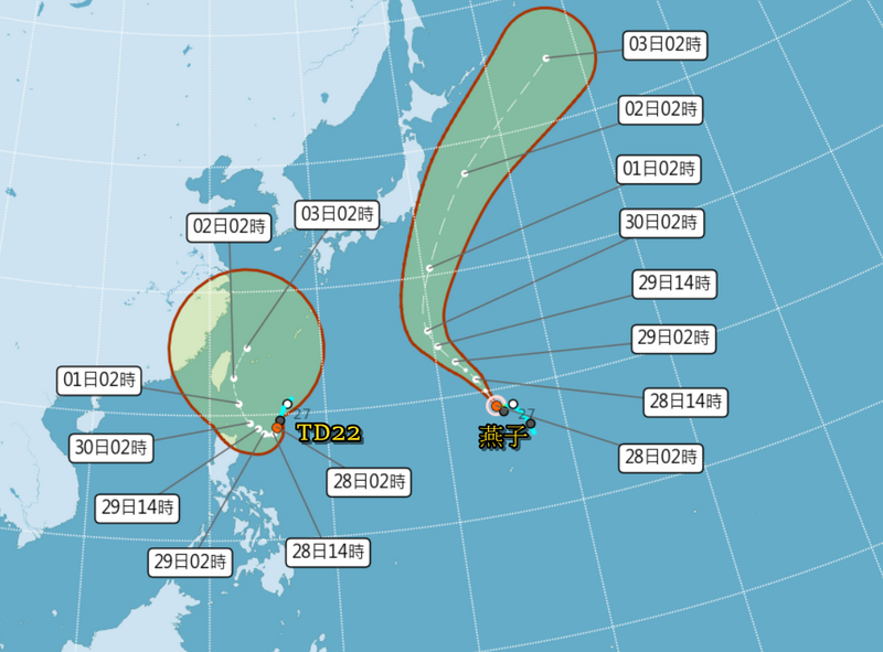 今年第18號颱風「山陀兒」朝台灣方向接近，外圍雲系於週末兩天開始影響台灣，下週一至週三颱風最為接近台灣，強度以中度颱風機率較高，後續不排除發布颱風警報。至於第17號颱風「燕子」未來朝日本南方海面移動，對台灣沒有直接影響。（圖：氣象署提供）