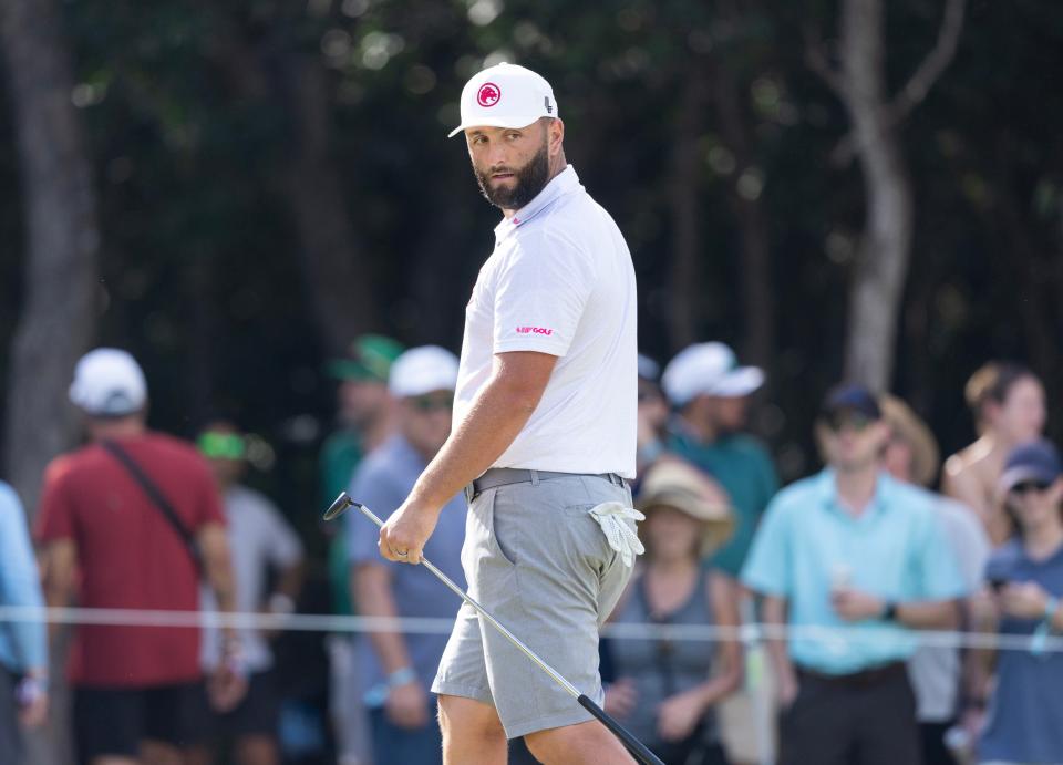 Jon Rahm of Team Legion XIII looks back on #9 green during the final round of the LIV Golf Mayakoba tournament at El Chamaleon Golf Course. (Photo: Erich Schlegel-USA TODAY Sports)