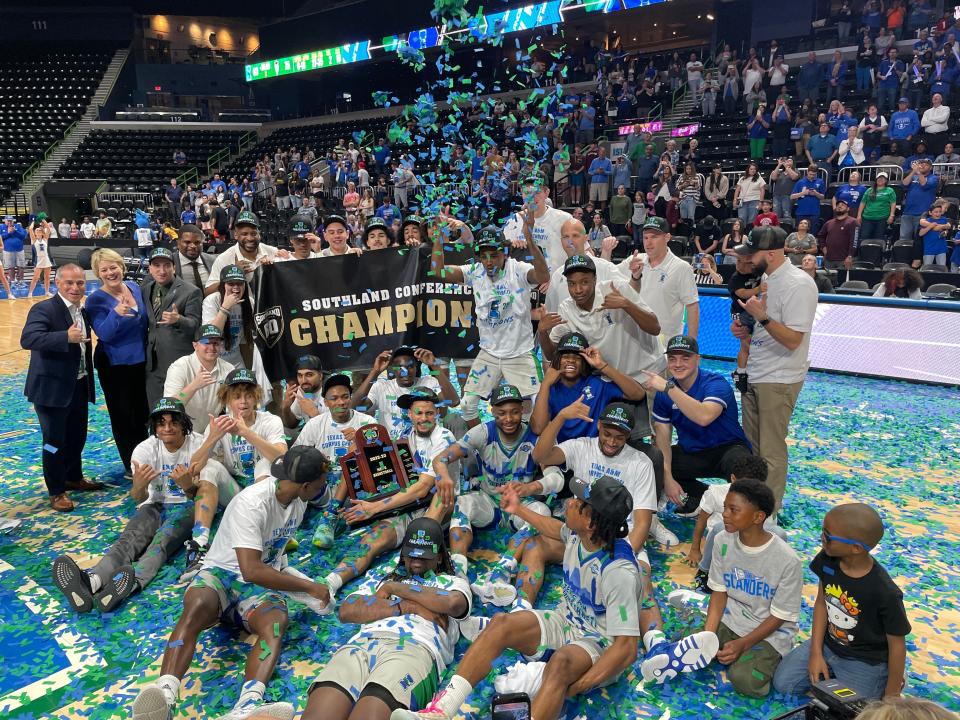 The Texas A&M-Corpus Christi men's basketball team celebrates its second Southland Conference regular season title after beating Northwestern State 83-75 on Saturday, Feb. 25, 2023 at the American Bank Center.