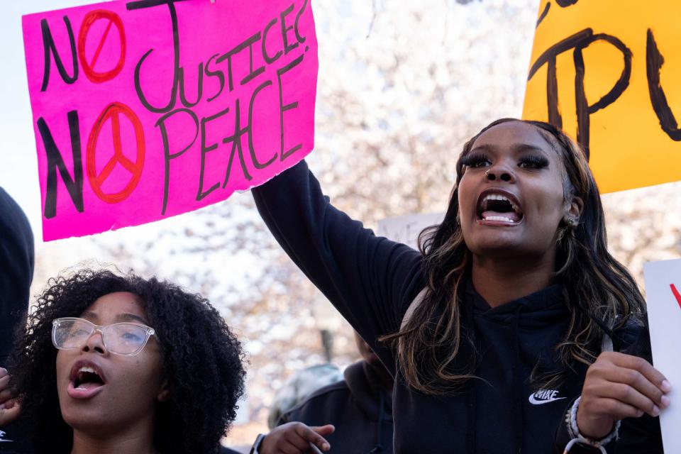 Hundreds of students stand together and protest Kyle Rittenhouse’s talk at Western Kentucky University on March 27, 2024.