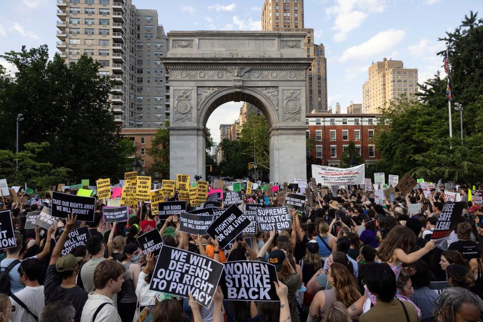 Abortion rights activists gather for a protest following the U.S. Supreme Court's decision to overturn Roe v. Wade, at Washington Square Park on June 24, 2022 in New York.