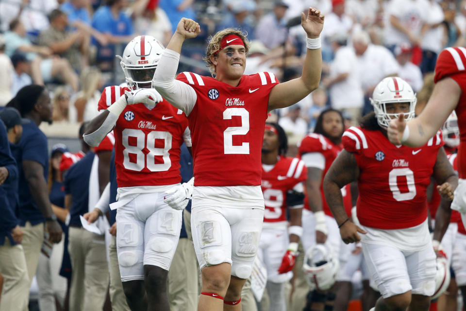 Sep 2, 2023; Oxford, Mississippi, USA; Mississippi Rebels quarterback Jaxson Dart (2) reacts from the sideline after a touchdown during the fourth quarter against the Mercer Bears at Vaught-Hemingway Stadium. Mandatory Credit: Petre Thomas-USA TODAY Sports