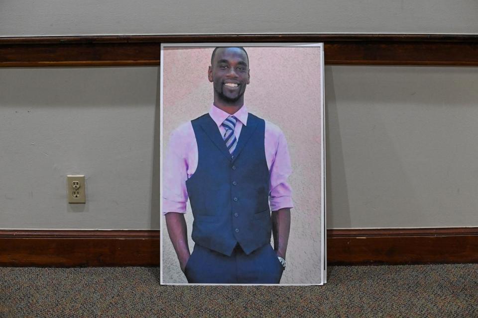 PHOTO: A photo of Tyre Nichols is displayed outside the sanctuary during church service at Mt. Olive Cathedral CME Church, Jan. 29, 2023, in Memphis, Tenn. (Joshua Lott/The Washington Post via Getty Images)