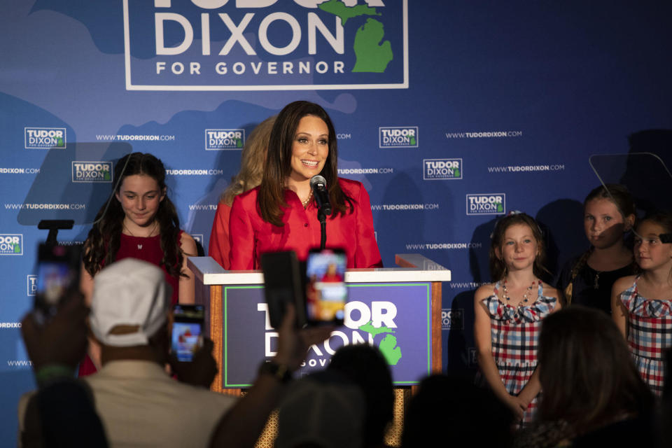 Michigan Republican gubernatorial candidate Tudor Dixon speaks at her primary election night party after winning the nomination at the Amway Grand Plaza on August 2, 2022 in Grand Rapids, Michigan.  / Credit: Bill Pugliano / Getty Images
