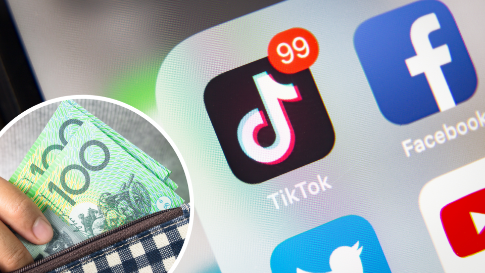 A composite image of a person removing $100 notes from a wallet and the TikTok app as it appears on a smart phone.