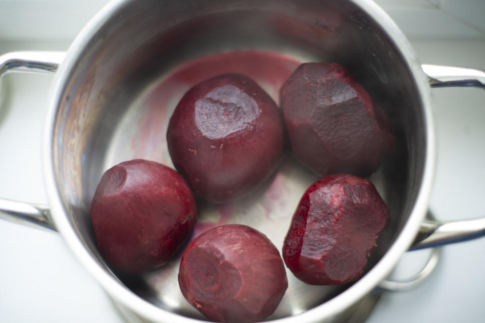 A pot of boiled beets