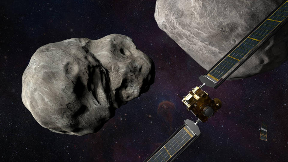 Illustration of a spacecraft flying near two asteroids in deep space