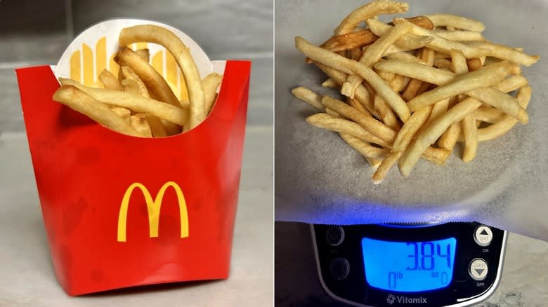 McDonald's fries in container next to fries on food scale