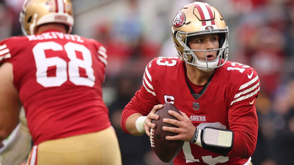 Brock Purdy of the San Francisco 49ers looks to make a pass during a game against the Seattle Seahawks at Levi's Stadium on December 10, 2023 in Santa Clara, California. - Ezra Shaw/Getty Images