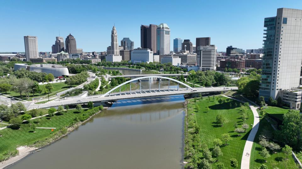 The downtown Columbus skyline is seen looking north over the Scioto River.