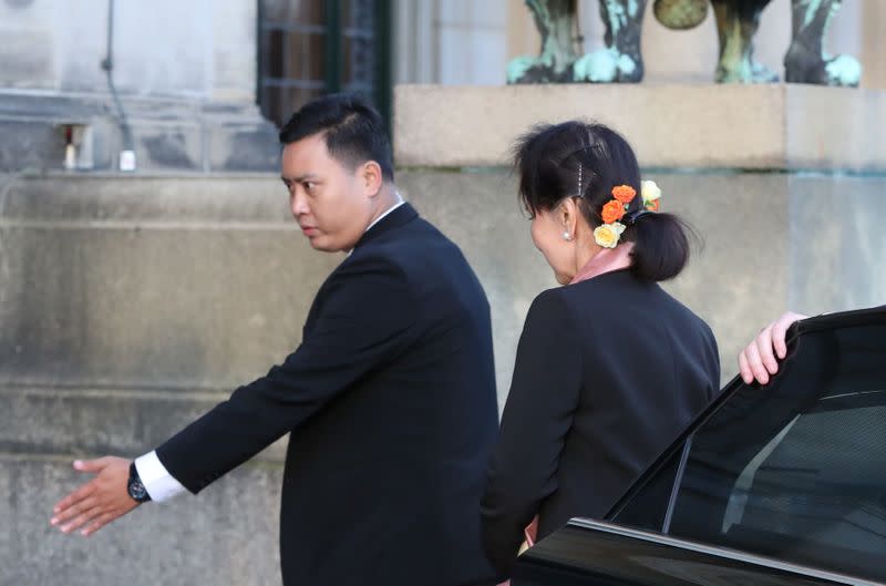 Myanmar's leader Aung San Suu Kyi arrives at the International Court of Justice in The Hague