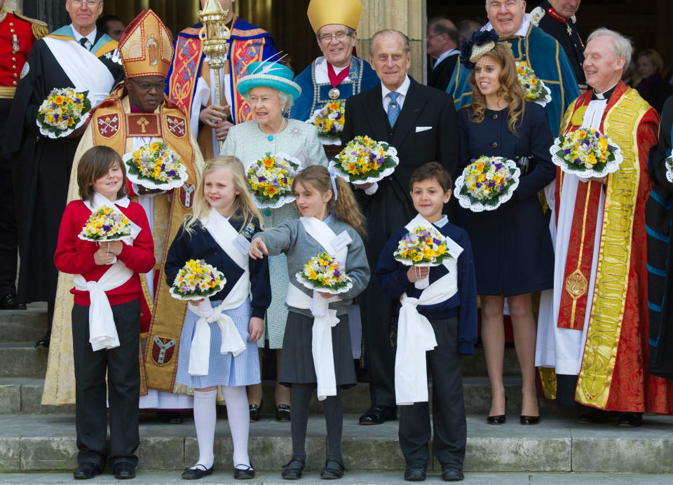 YORK, ENGLAND - APRIL 05:  (Middle L-R) Archbishop of York John Sentamu, Queen Elizabeth II, Prince Philip, Duke of Edinburgh and Princess Beatrice attends a Maundy Thursday Service at York Minster on April 5, 2012 in York, England. Queen Elizabeth II, Prince Philip, Duke of Edinburgh and Princess Beatrice are visiting York today as part of the Diamond Jubilee celebrations.  (Photo by Arthur Edwards/WPA Pool/Getty Images)