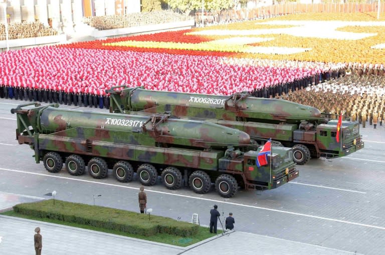 Missiles during a mass military parade at Kim Il-Sung square in Pyongyang. North Korea was marking the 70th anniversary of its ruling Workers' Party