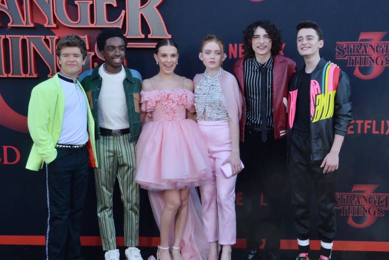 Gaten Matarazzo, Caleb McLaughlin, Millie Bobby Brown, Sadie Sink, Finn Wolfhard and Noah Schnapp, from left to right, attend the "Stranger Things" Season 3 premiere in 2019. File Photo by Jim Ruymen/UPI