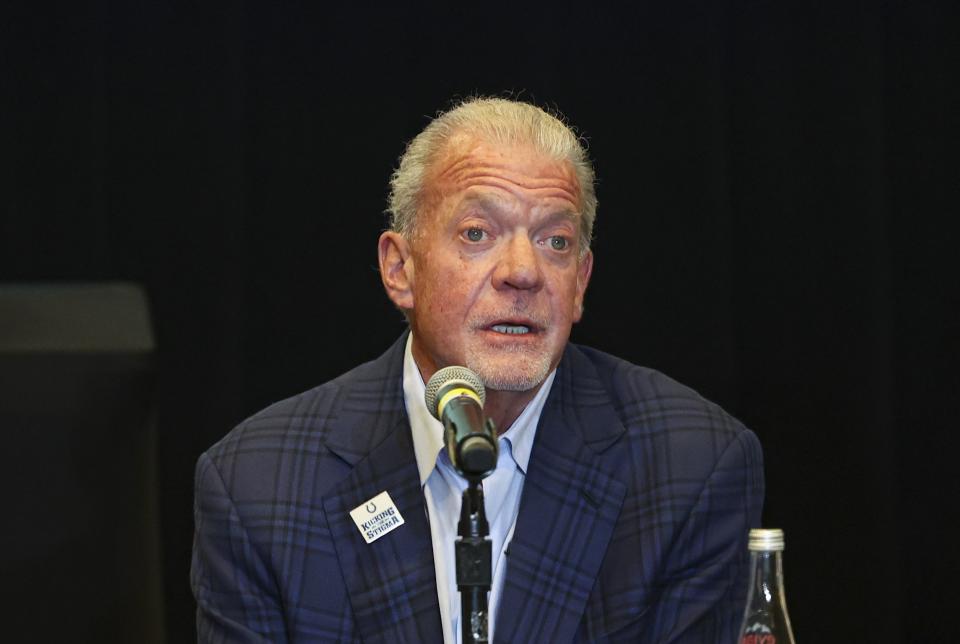 Jim Irsay, CEO of the Indianapolis Colts, speaks during a press conference to discuss the future of Lolita, an orca that has lived at the Miami Seaquarium for more than 50 years, Thursday, March 30, 2023, at the Intercontinental hotel in Miami. An unlikely coalition of a theme park owner, animal rights group and NFL owner-philanthropist announced Thursday that a plan is in place to return Lolita to her home waters in the Pacific Northwest. (Alie Skowronski/Miami Herald via AP)