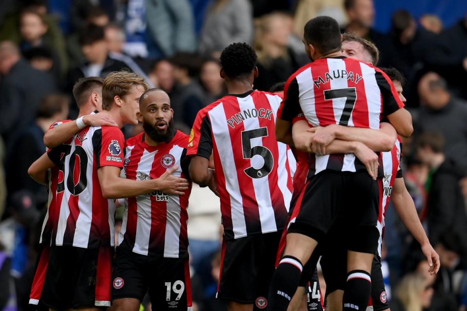 Chelsea conquered: Brentford celebrate their third consecutive Premier League win at Stamford Bridge (Getty Images)