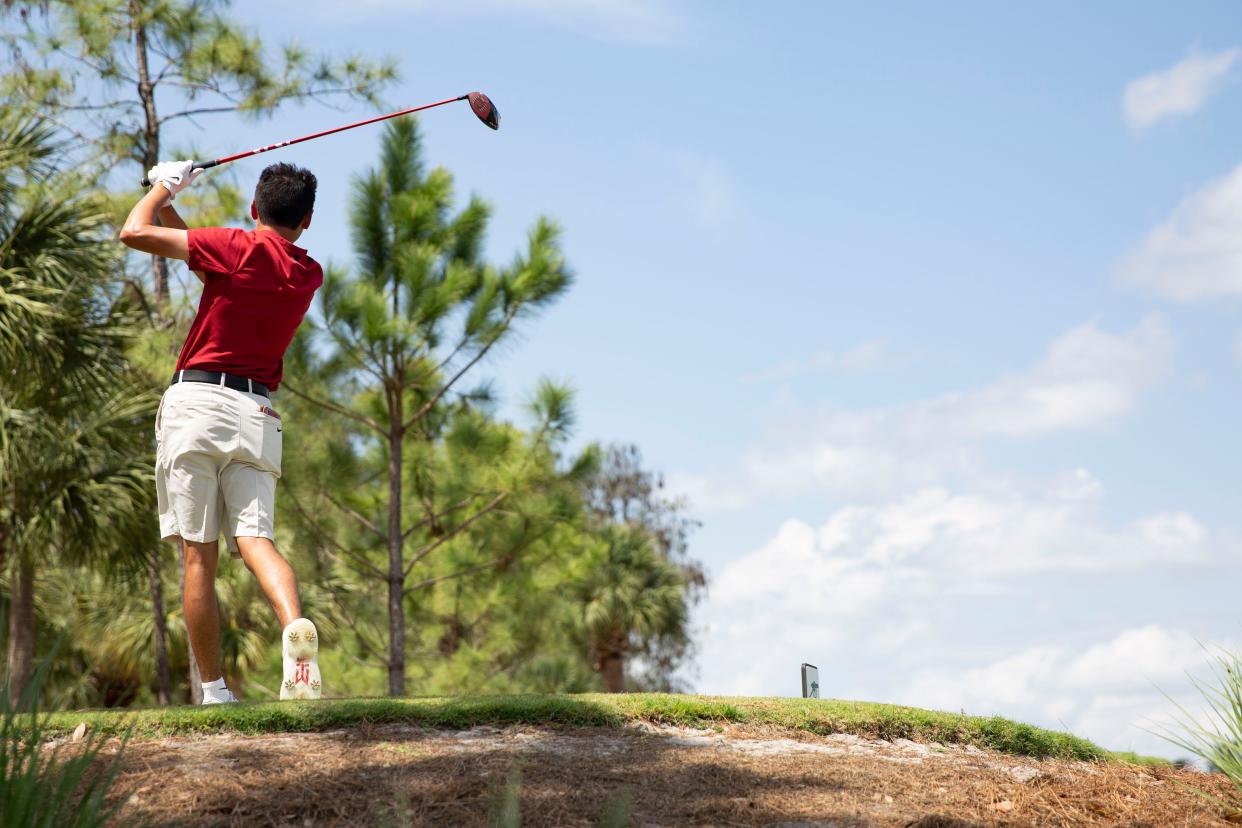 Oklahoma's Patrick Welch tees off on the 18th hole during the final round of the Calusa Cup, Tuesday, April 5, 2022, at Calusa Pines Golf Club in Naples, Fla.Georgia Tech won the tournament as a team with a score of 856 Florida's Fred Biondi and Georgia Tech's Bartley Forrester won the tournament as individuals with a score of 211.