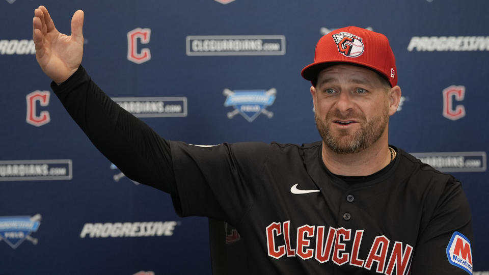 Cleveland Guardians manager Stephen Vogt speaks to media at spring training baseball camp in Goodyear, Ariz., on Friday, Feb. 16, 2024. (AP Photo/Carolyn Kaster)