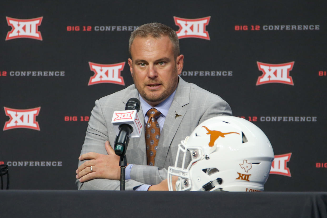 ARLINGTON, TX - JULY 16: Texas head coach Tom Herman speaks to the press during the Big 12 Media Days on July 16, 2019 at AT&T Stadium in Arlington, TX. (Photo by George Walker/Icon Sportswire via Getty Images)