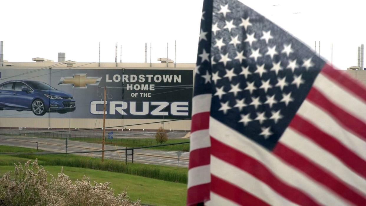 in this still image taken from video, a us flag flies near the lordstown, ohio, chevrolet factory   in the rust belt state of ohio, where donald trump unexpectedly earned significant support in 2016, some voters are wondering why the greatest economy in american history is passing them by workers for general motors spent more than a month on the picket line here, carrying signs and huddling around makeshift heaters    fires in oil drums a deal has been struck, but the assembly plant in lordstown    where gm made chevrolets    is still idle, despite last ditch attempts to tie the new contract to a guarantee that the complex would reopen some 1,600 jobs have vanished photo by eleonore sens  afp photo by eleonore sensafp via getty images