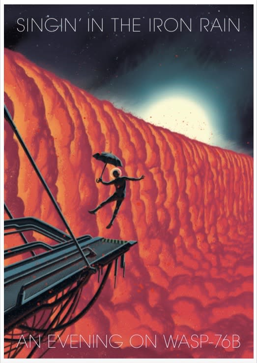 Giant red clouds stretch across a planet's atmosphere in this retro poster.  The silhouette of a man with a shadow seems to be flying among the red clouds.