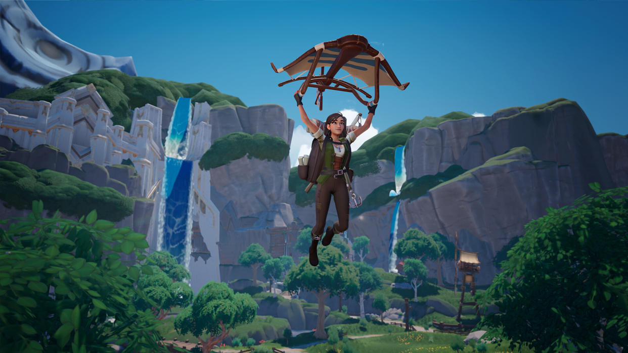  Palia screenshot - woman flying through the air while hanging from a small glider. 