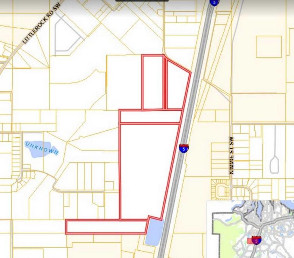 A map showing the area of a development proposal in Thurston County that would bring two, tilt-up concrete industrial buildings with accessory office space in a new industrial park at 8714 Blomberg St. SW.