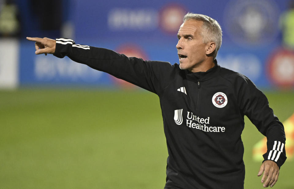 New England Revolution assistant coach Richie Williams gives instructions from the sideline during the first half of the team's MLS soccer match against CF Montreal on Saturday, Aug. 26, 2023, in Montreal. (Graham Hughes/The Canadian Press via AP)