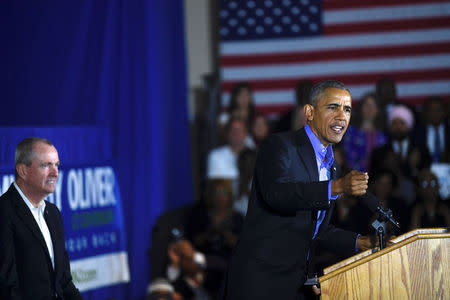 Former president Barack Obama speaks during a rally for New Jersey Democratic Gubernatorial candidate Jim Murphy in Newark, New Jersey, U.S. October 19, 2017. REUTERS/Mark Makela