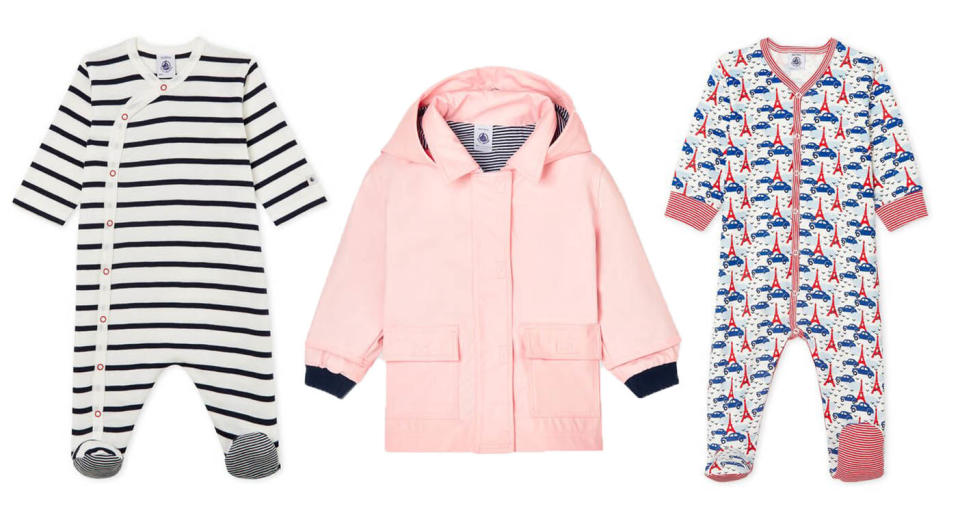 Petit Bateau's baby clothing range includes printed bodysuits, durable raincoats and multipacks of basics. (Petit Bateau/Yahoo UK)