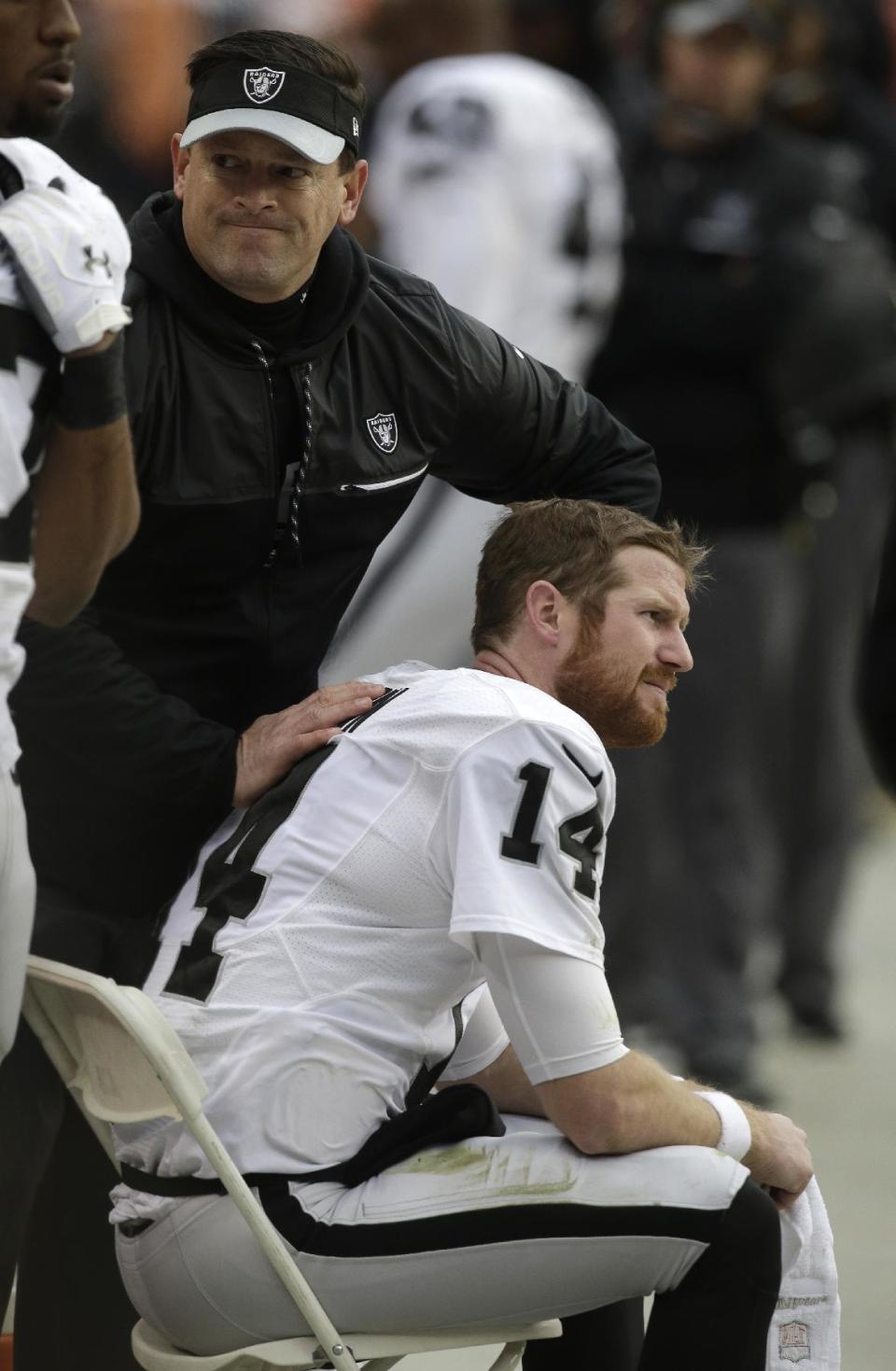 Oakland Raiders quarterback Matt McGloin is tended to on the sideline after an injury during the first half of the team's NFL football game against the Denver Broncos, Sunday, Jan. 1, 2017, in Denver. (AP Photo/Joe Mahoney)