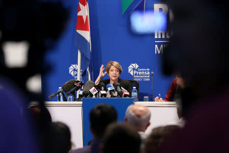 U.N. Special Rapporteur Maria Grazia Giammarinaro speaks during a news conference in Havana, Cuba, April 14, 2017. REUTERS/Alexandre Meneghini