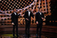 Yemeni Contestant Ammar Mohamad, Palestinian contestants Yaqoub Shaheen and Ameer Dandan perform on stage during the final contest episode of the Arab Idol, before the announcement of the winner in Zouk Mosbeh area, north of Beirut, Lebanon February 25, 2017. REUTERS/Mohamed Azakir