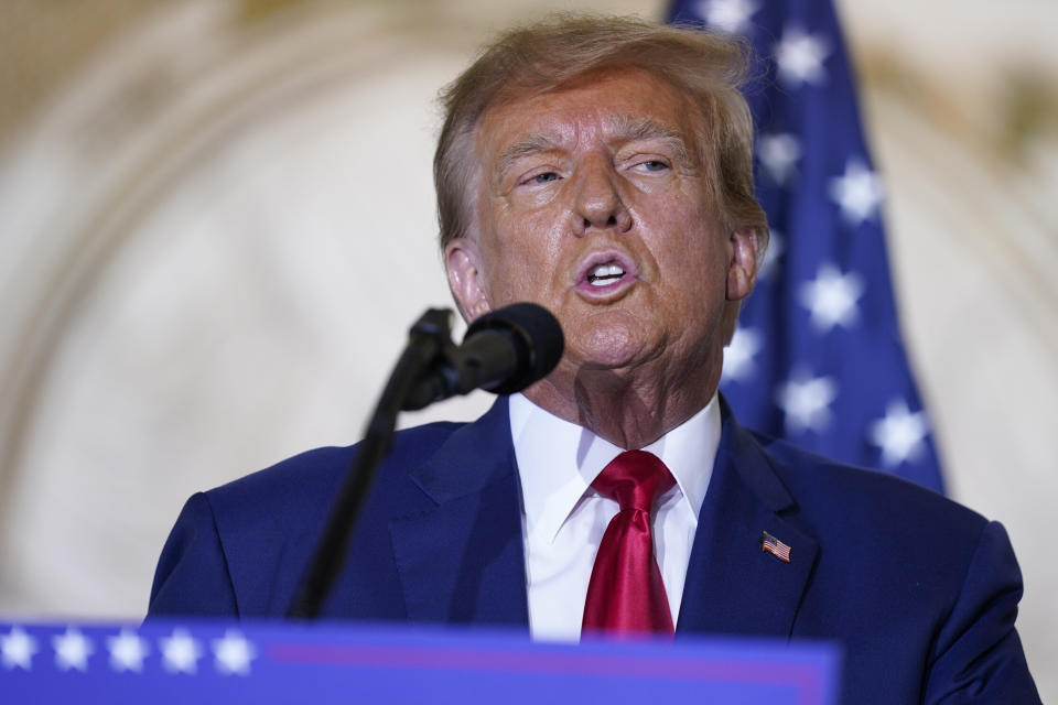 FILE - Former President Donald Trump speaks at his Mar-a-Lago estate Tuesday, April 4, 2023, in Palm Beach, Fla. A special prosecutor has ended his four-year investigation into possible FBI misconduct in its probe of ties between Russia and Donald Trump’s 2016 presidential campaign. The report Monday, May 15, from special counsel John Durham offers withering criticism of the bureau but a meager court record that fell far short of the former president’s prediction he would uncover the “crime of the century.” (AP Photo/Evan Vucci, File)