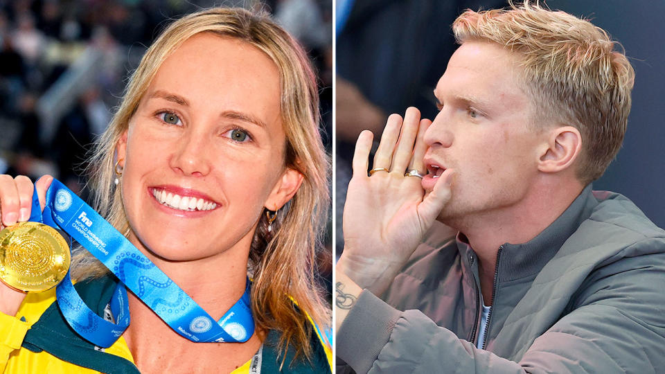 Pictured right, Cody Simpson cheers on Emma McKeon to gold in the 100m freestyle.